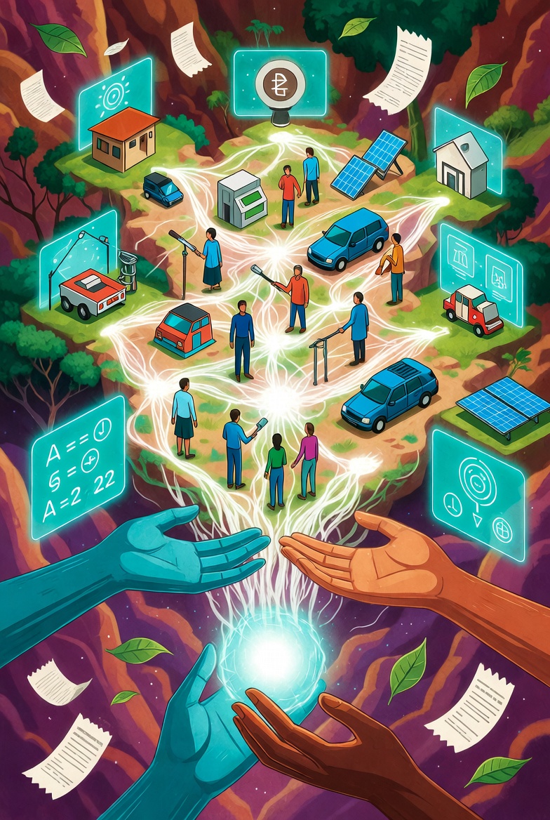 People sharing resources, tools, vehicles, and solar panels through a decentralized network governed by embedded protocols