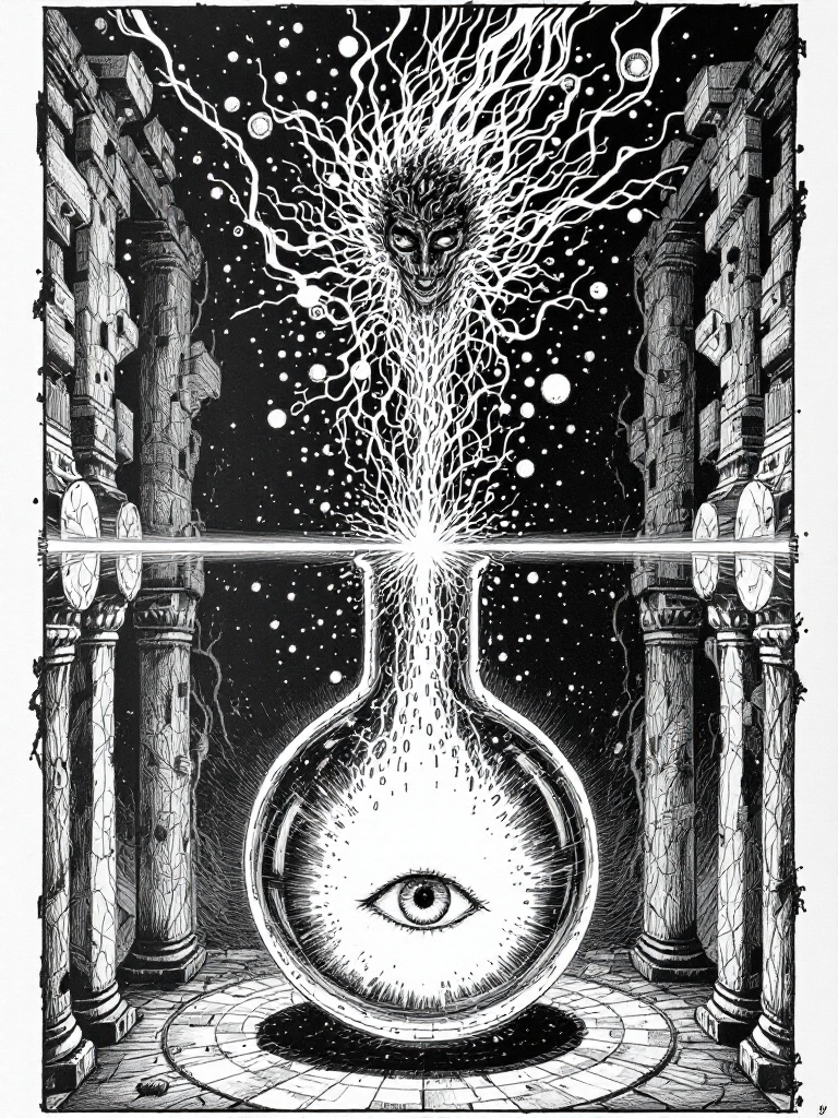 An alchemical ink diptych: above, a figure dissolving upward into a starburst between classical columns; below, a single eye sealed within a flask in a tiled hall.