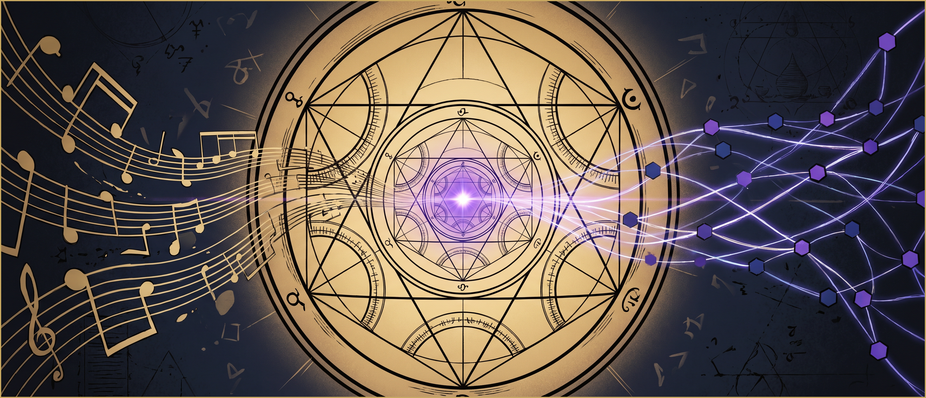 Alchemical transmutation circles with gold musical notation and violet distributed network nodes converging at a central point — CONIUNCTIO atmosphere