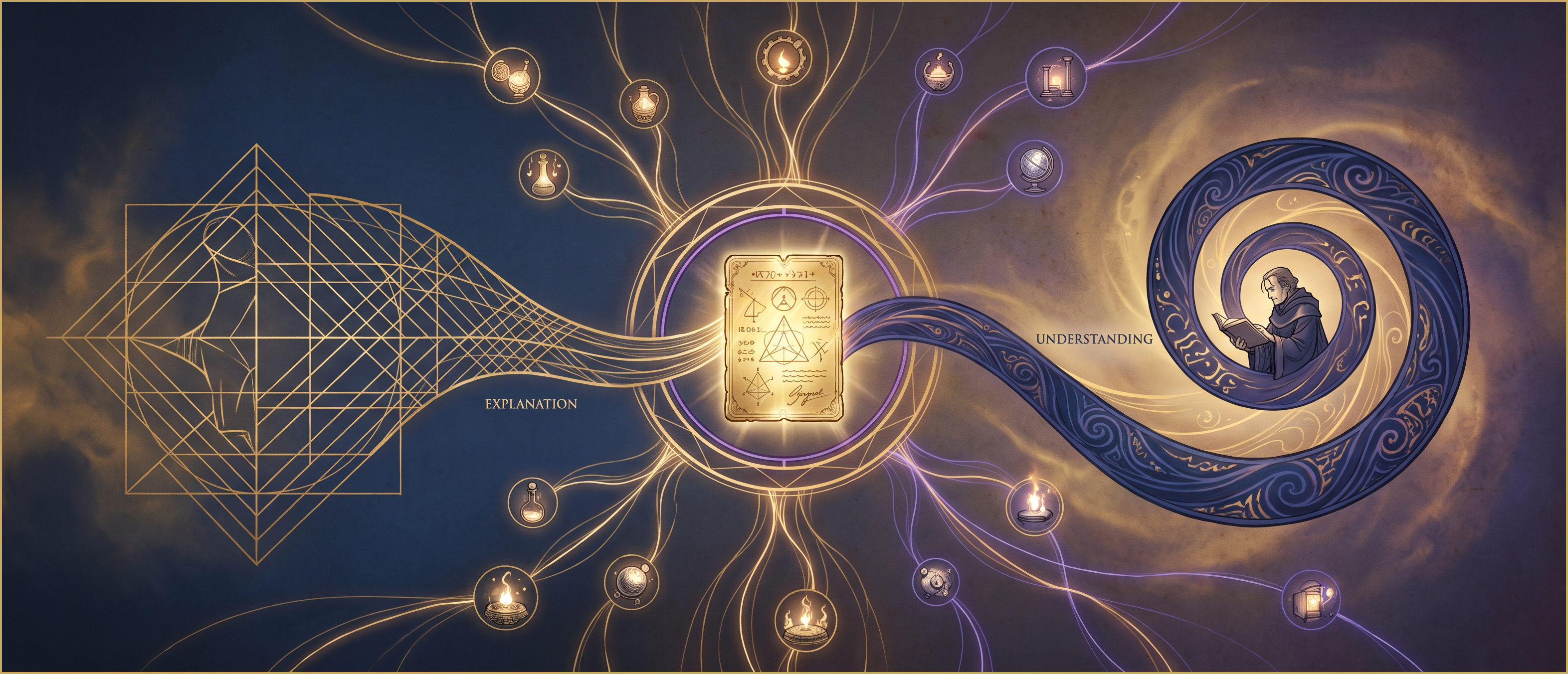 A lattice of fine gold lines decomposing a form on the left, labelled EXPLANATION, and a deep blue and violet spiral carrying a robed reader on the right, labelled UNDERSTANDING. The two meet on a single sealed gold record inside a transmutation circle at centre, with luminous filaments radiating out to scattered sovereign nodes.